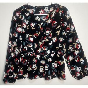 Alfani Women's Long Sleeve Blouse Black Flowered Elastic Waist - Petite Small